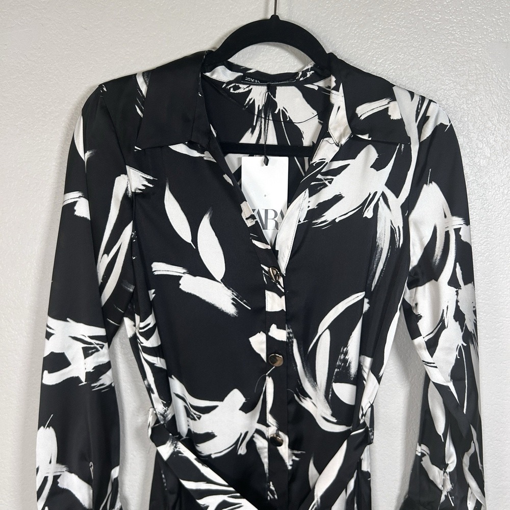ZARA Floral Midi Derby Dress Womens Satin Floral Belted Black White Small NWT - Picture 3 of 9